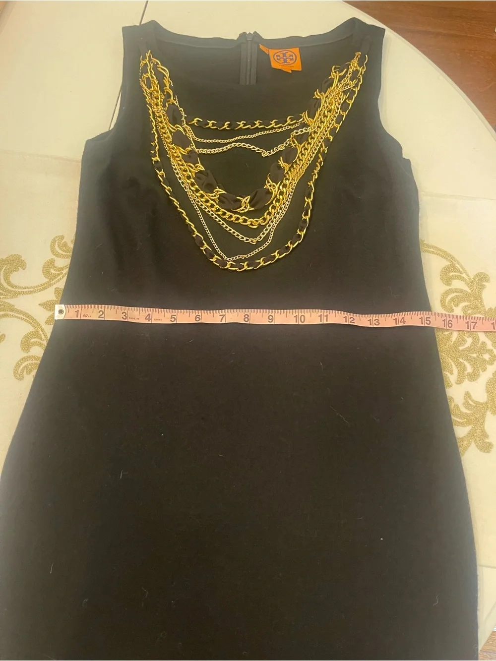 Tory Burch Black Mini Dress with Gold Chain Detail